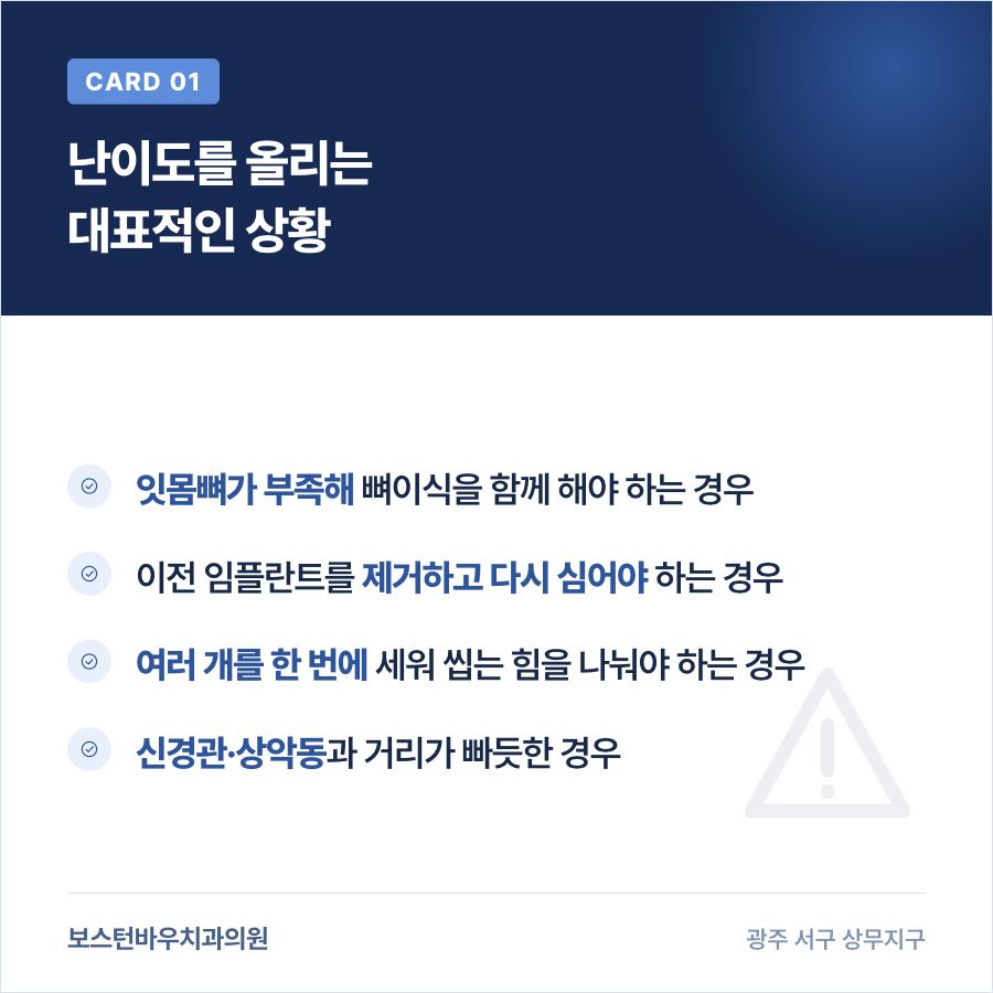 고난도임플란트로 분류되는 대표적인 상황을 정리한 카드뉴스