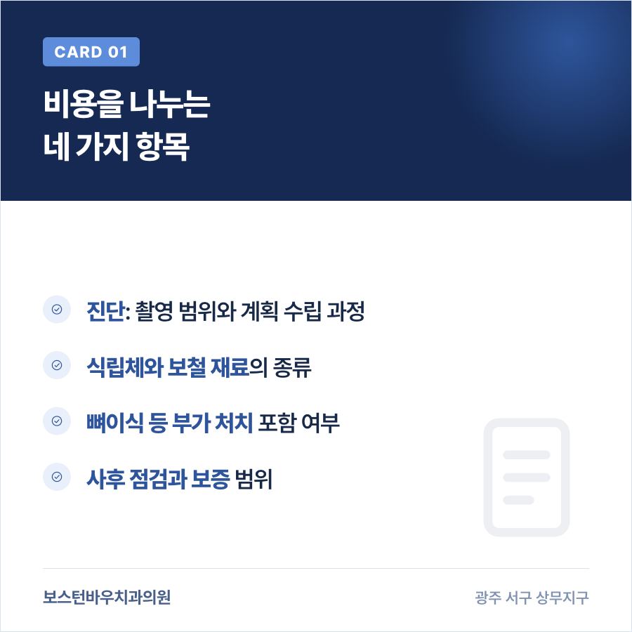 광주임플란트가격을 구성하는 네 가지 항목을 정리한 카드뉴스