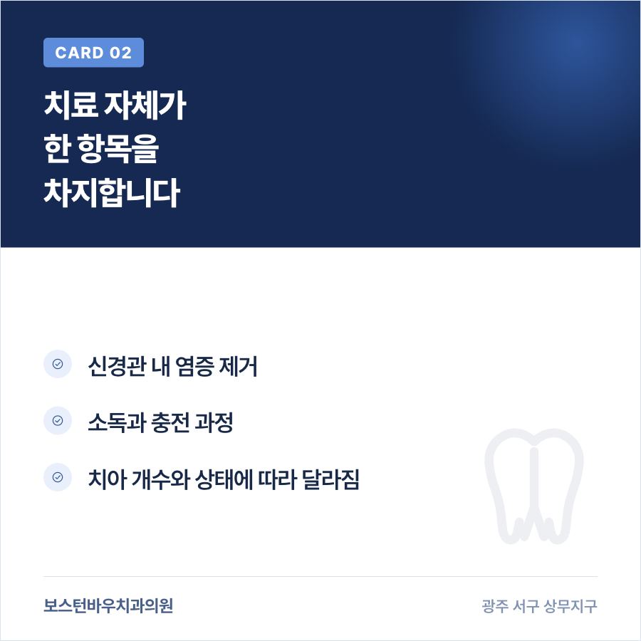 신경치료 자체 과정이 비용 항목에 포함되는 것을 설명하는 카드뉴스