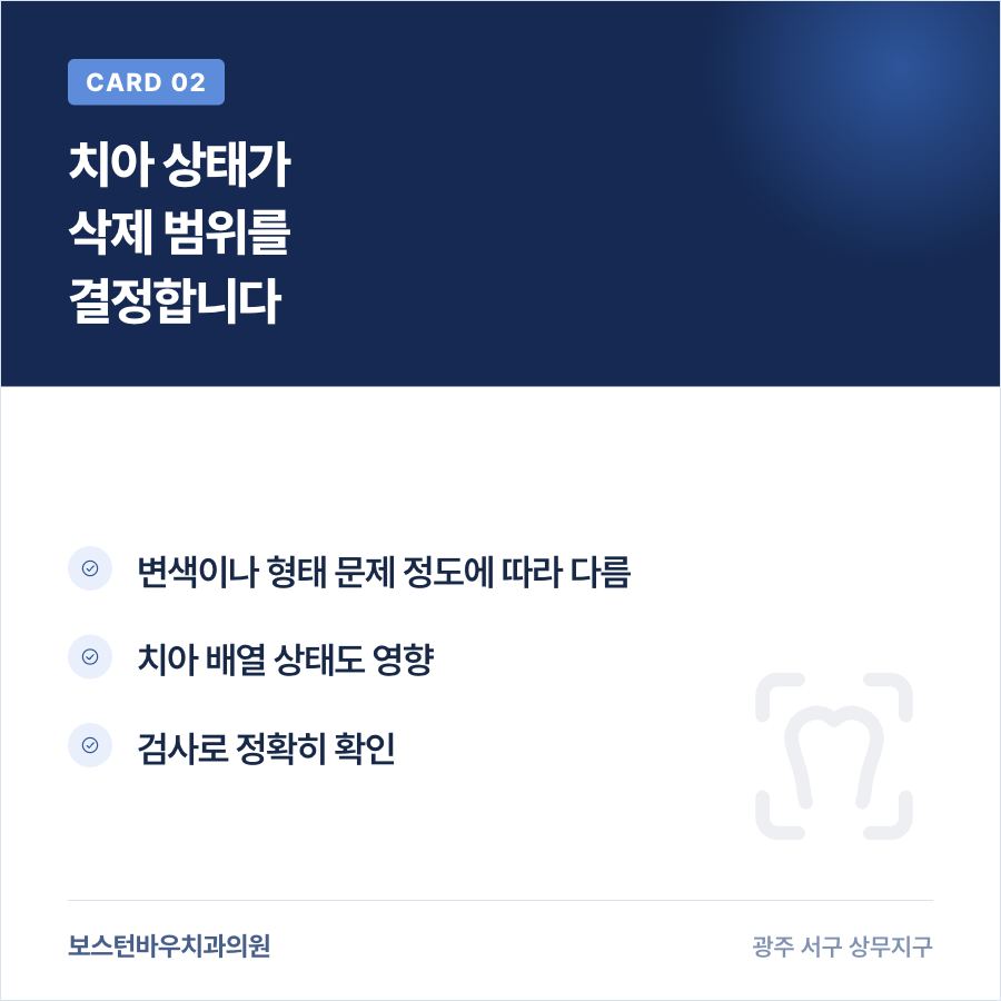치아 상태에 따라 달라지는 광주라미네이트 삭제 범위를 설명하는 카드뉴스