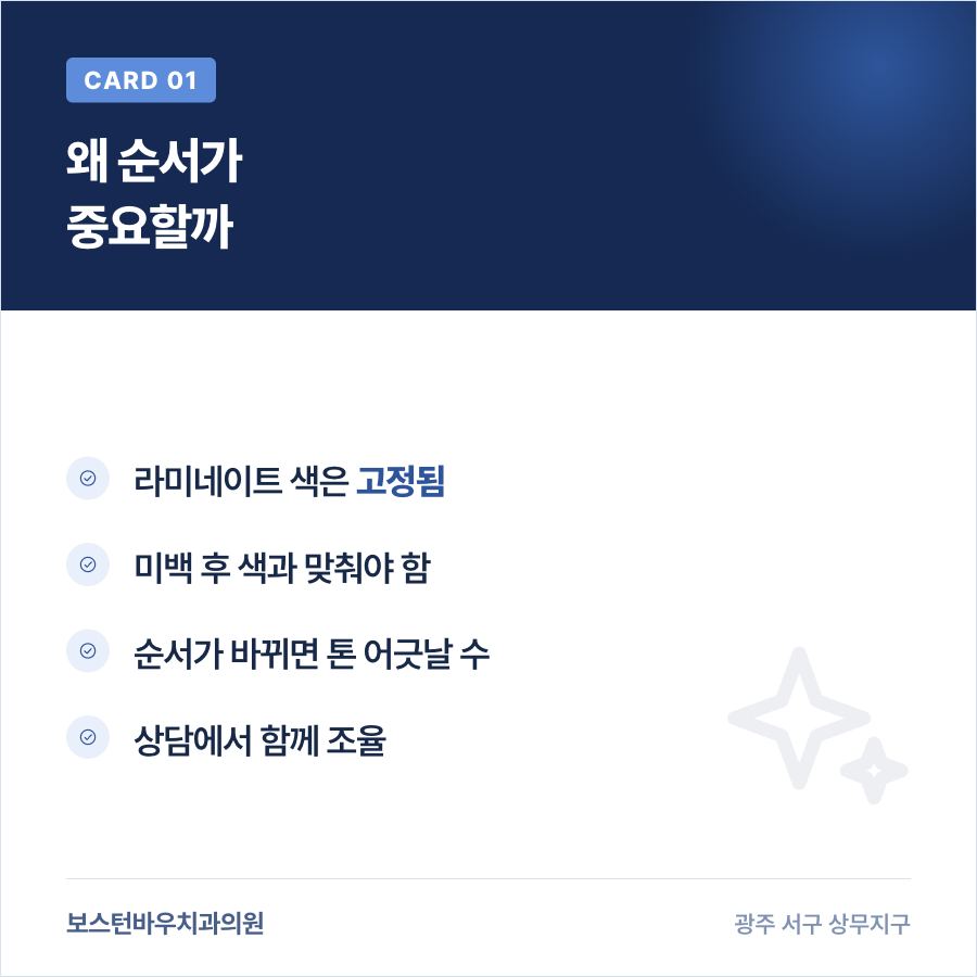 라미네이트와 치아미백 순서가 중요한 이유를 보여주는 카드뉴스