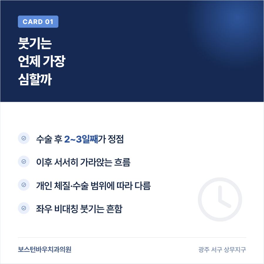 임플란트 수술 후 붓기가 심해지는 시기를 설명하는 카드뉴스
