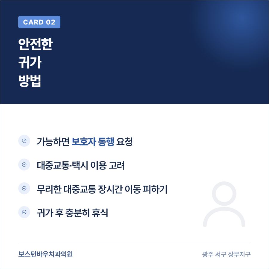 임플란트 수술 후 안전한 귀가 방법을 설명하는 카드뉴스