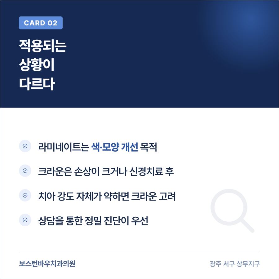 라미네이트와 크라운이 적용되는 상황 차이를 설명하는 카드뉴스