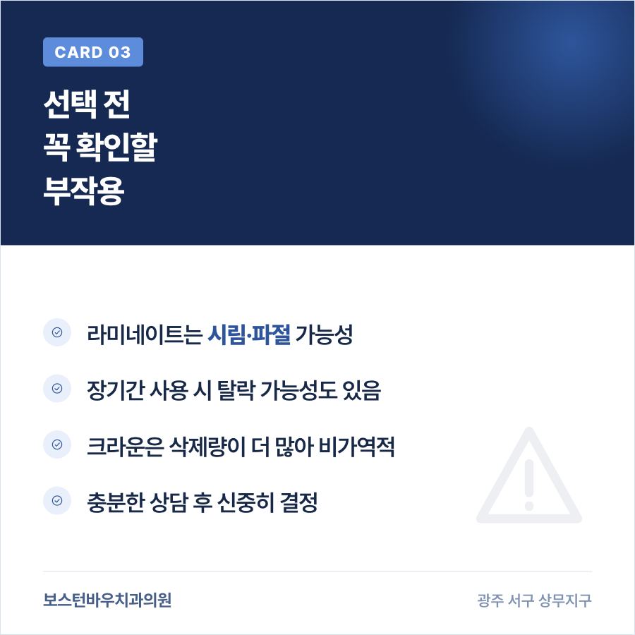라미네이트와 크라운 선택 전 확인할 부작용을 설명하는 카드뉴스