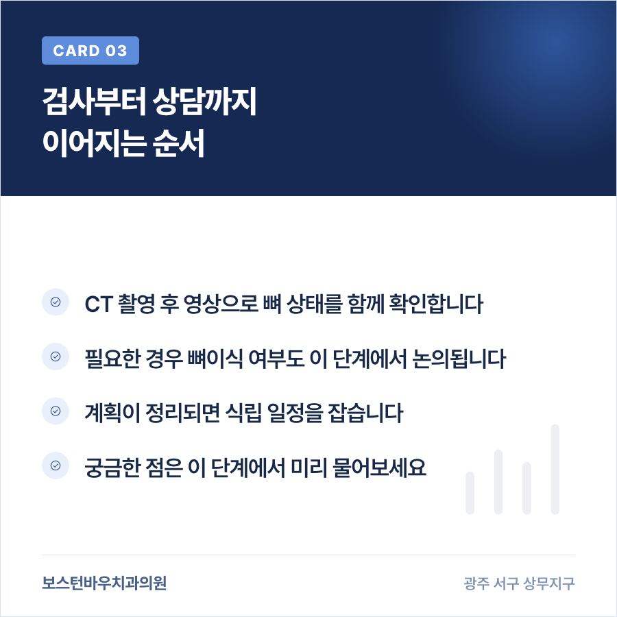 임플란트 검사부터 상담까지 이어지는 순서를 설명하는 카드뉴스
