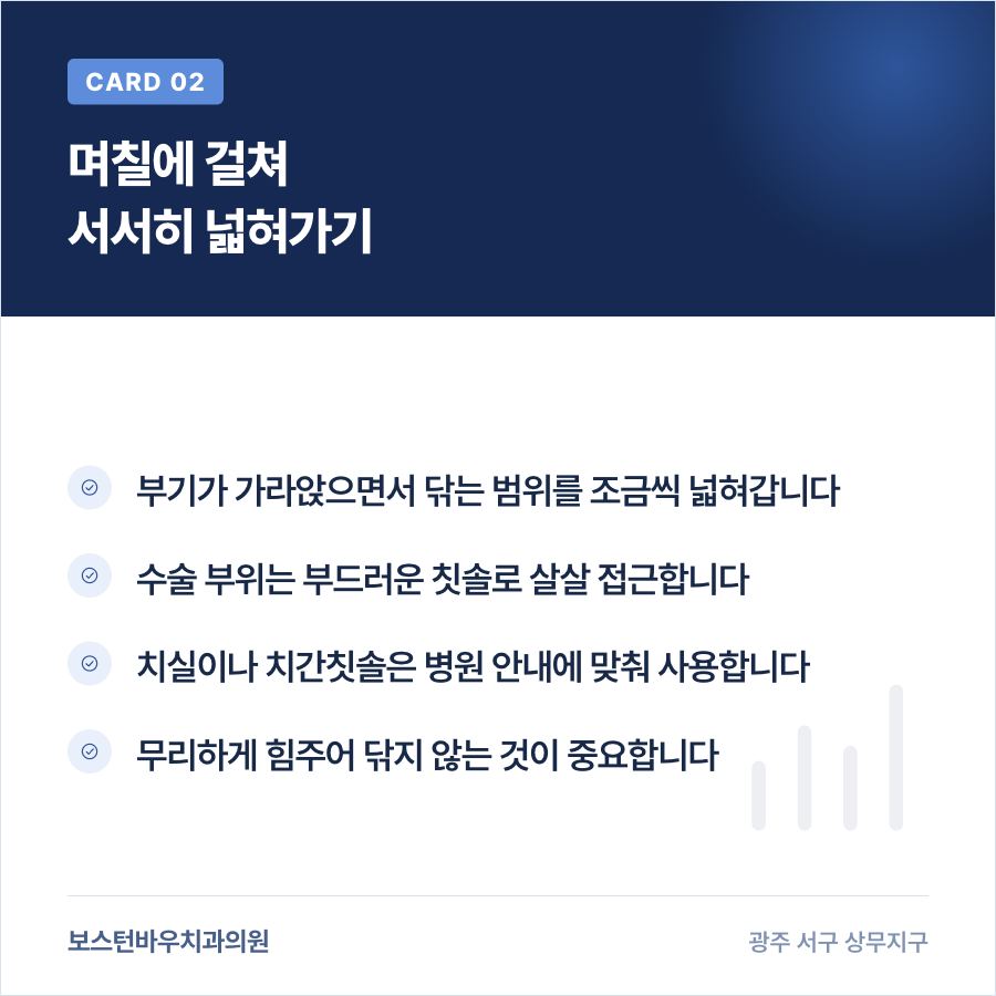 임플란트 수술 후 단계별 양치 범위 확대를 설명하는 카드뉴스