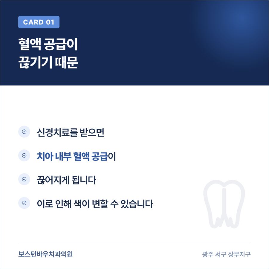 신경치료 후 혈액 공급이 끊겨 치아 색이 변하는 원리를 설명하는 카드뉴스