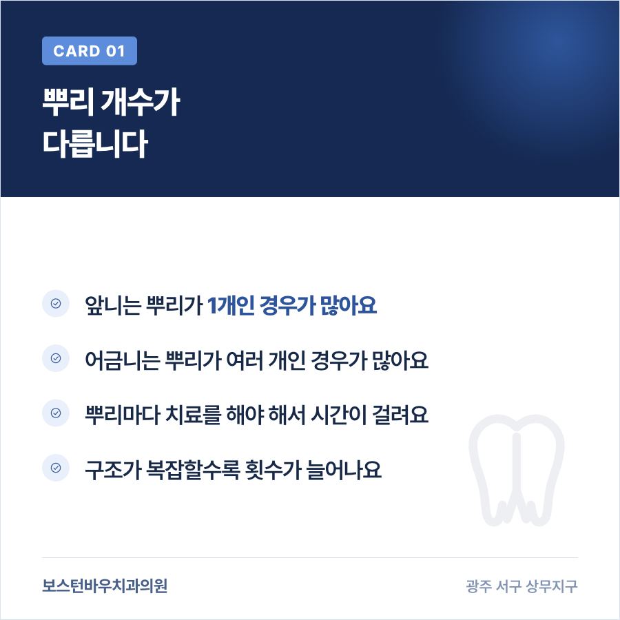 치아별 뿌리 개수 차이에 따른 신경치료 횟수를 설명하는 카드뉴스