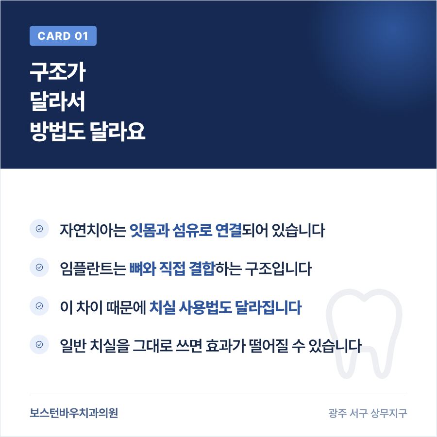 자연치아와 임플란트 구조 차이와 치실 사용법 이미지